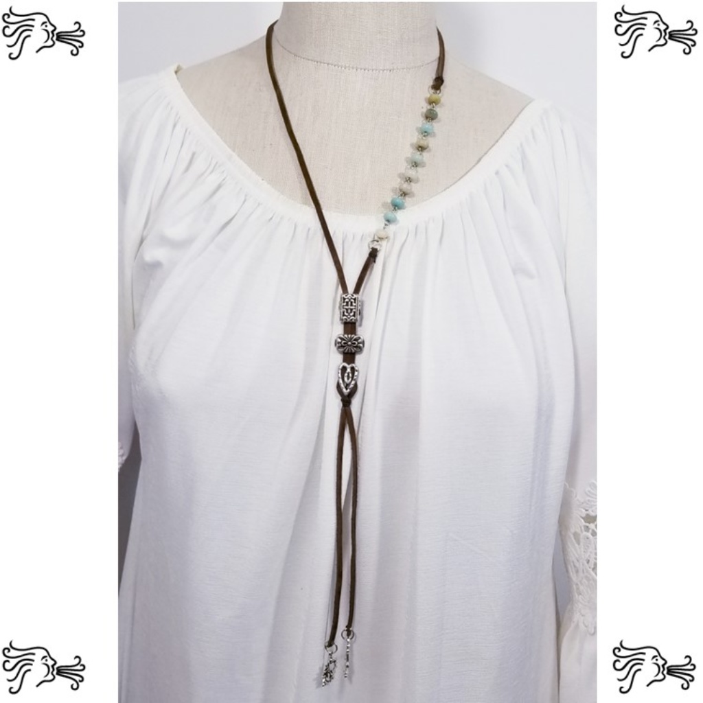 Suede Cord Amazonite Stone Chain & Charm Necklace